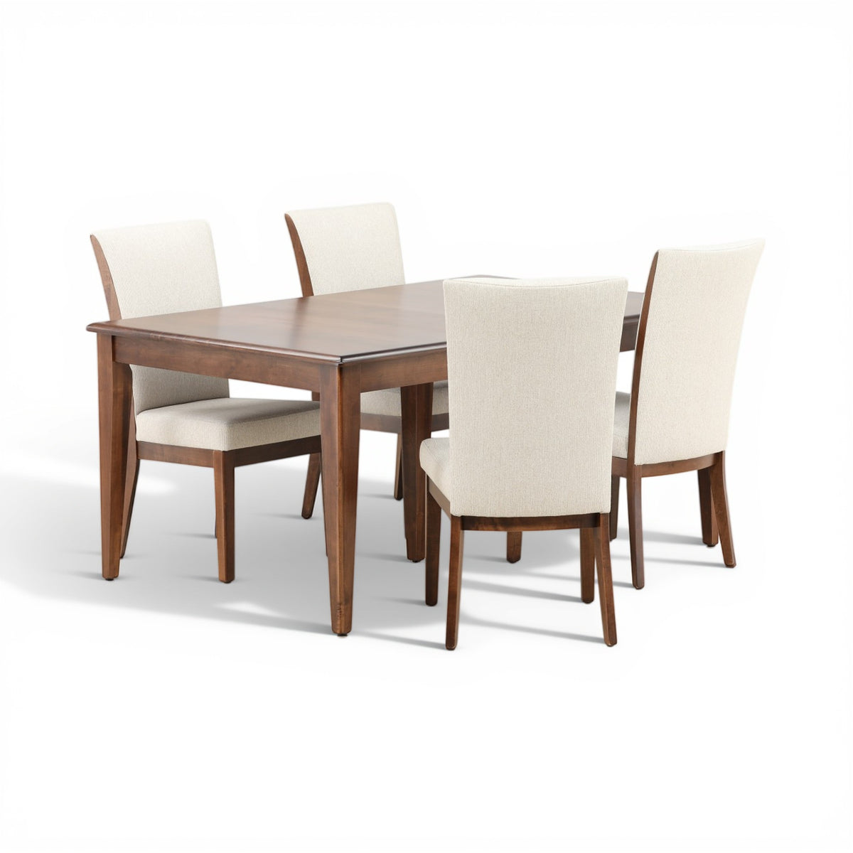 Rectangular wood dining table with four beige upholstered chairs, five-piece set
