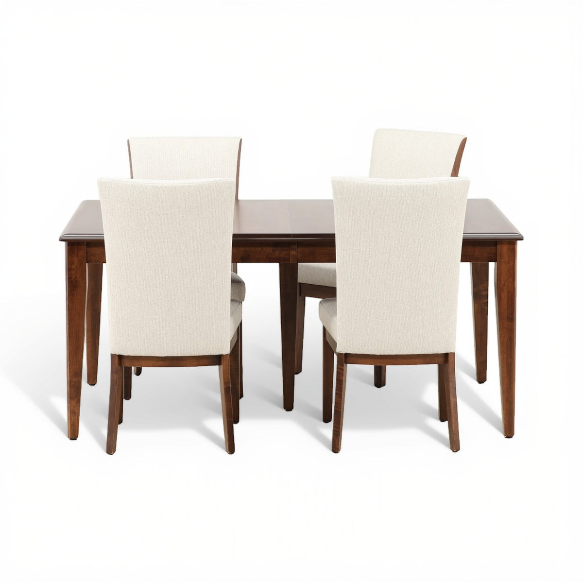 Rectangular dining table with two front and two back beige upholstered chairs