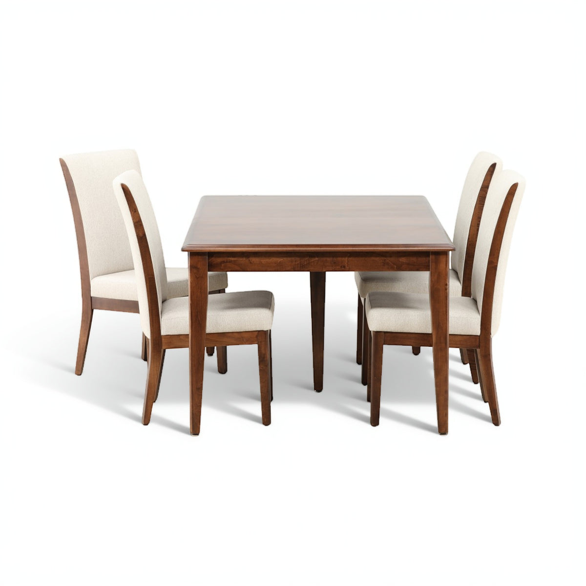 Wood dining table with four beige upholstered chairs, front view