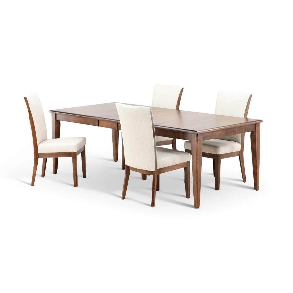 Rectangular dining table with four cream upholstered chairs in a five-piece set