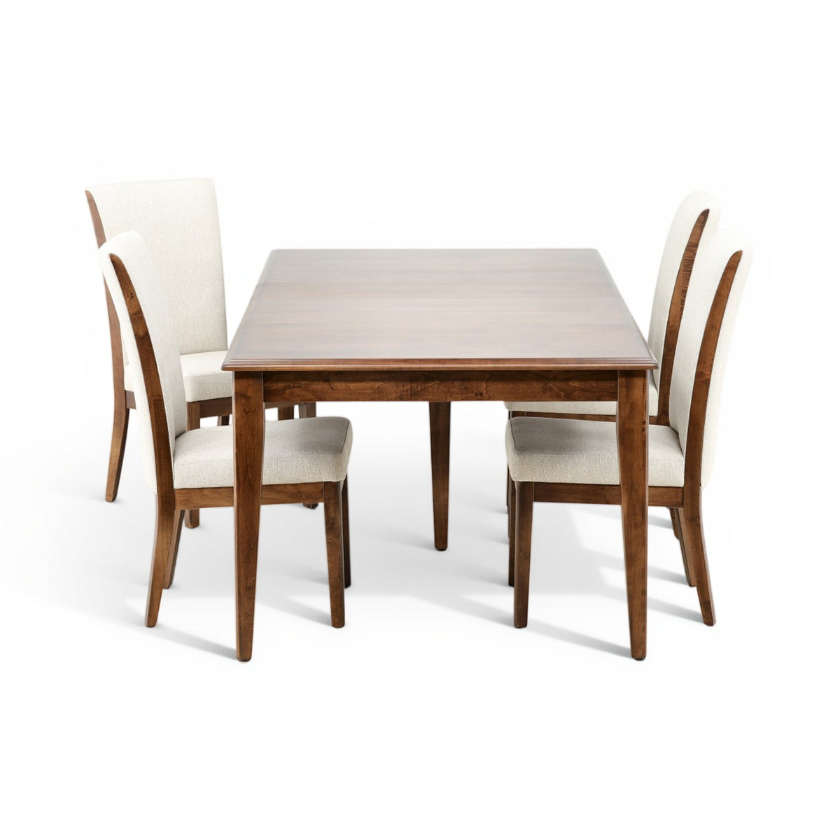 Dining table centerpiece with four cream upholstered chairs, wooden frame