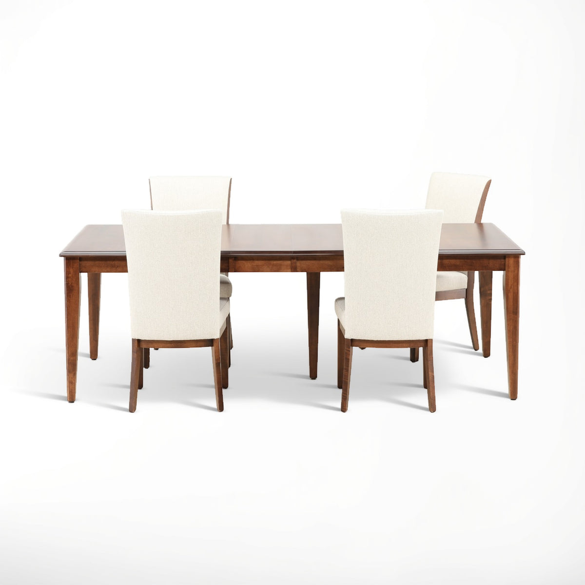 Five-piece dining set: wooden table with four cream upholstered side chairs