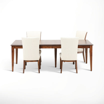 Five-piece dining set: wooden table with four cream upholstered side chairs