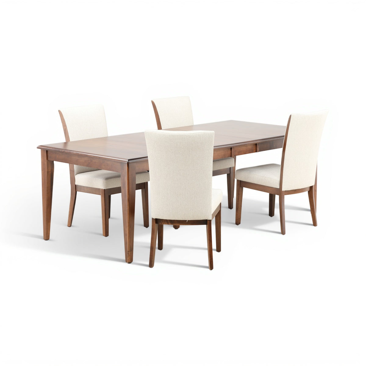 Five-piece dining set with rectangular wood table and four cream upholstered chairs