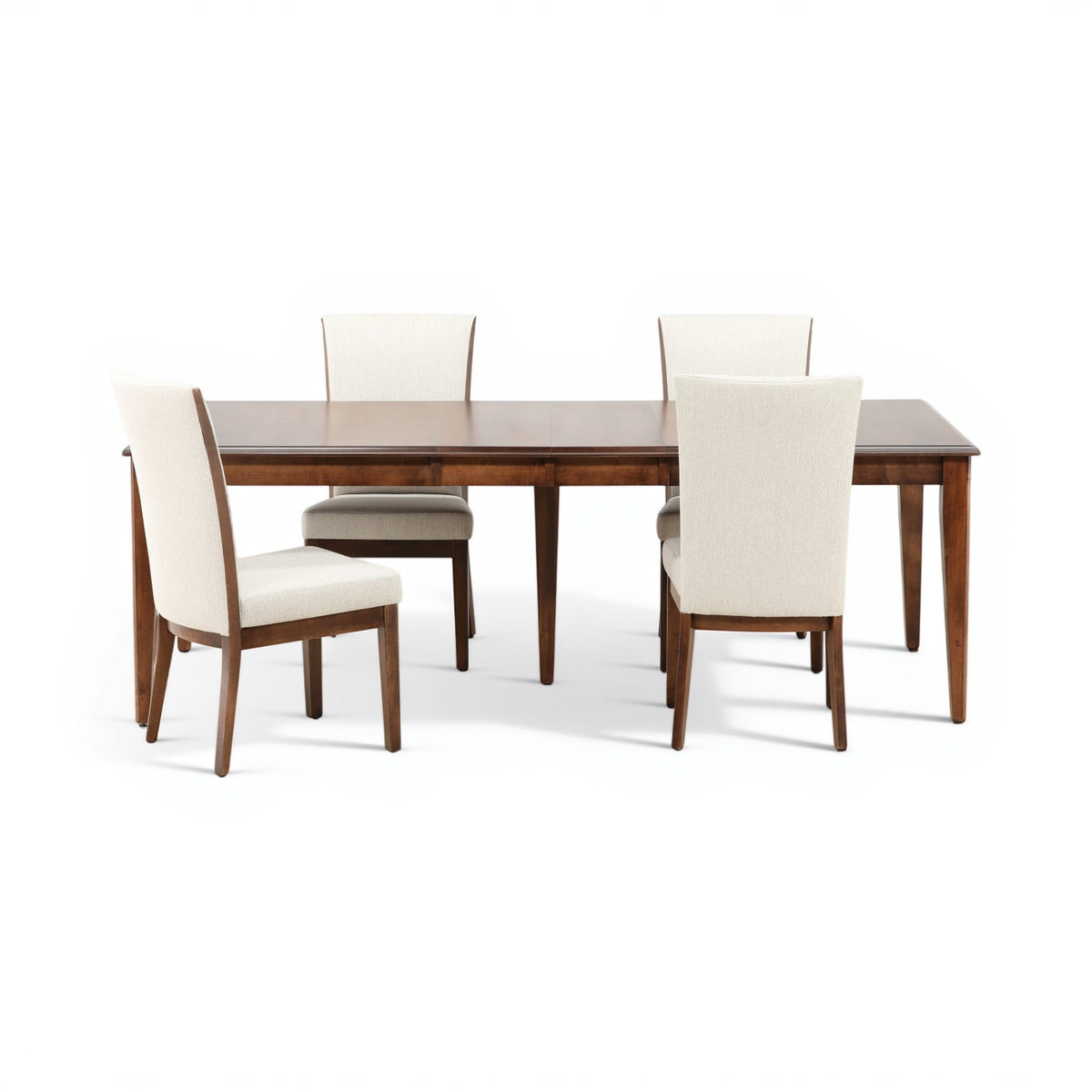 Wooden dining table with four cream upholstered chairs, coordinated five-piece set
