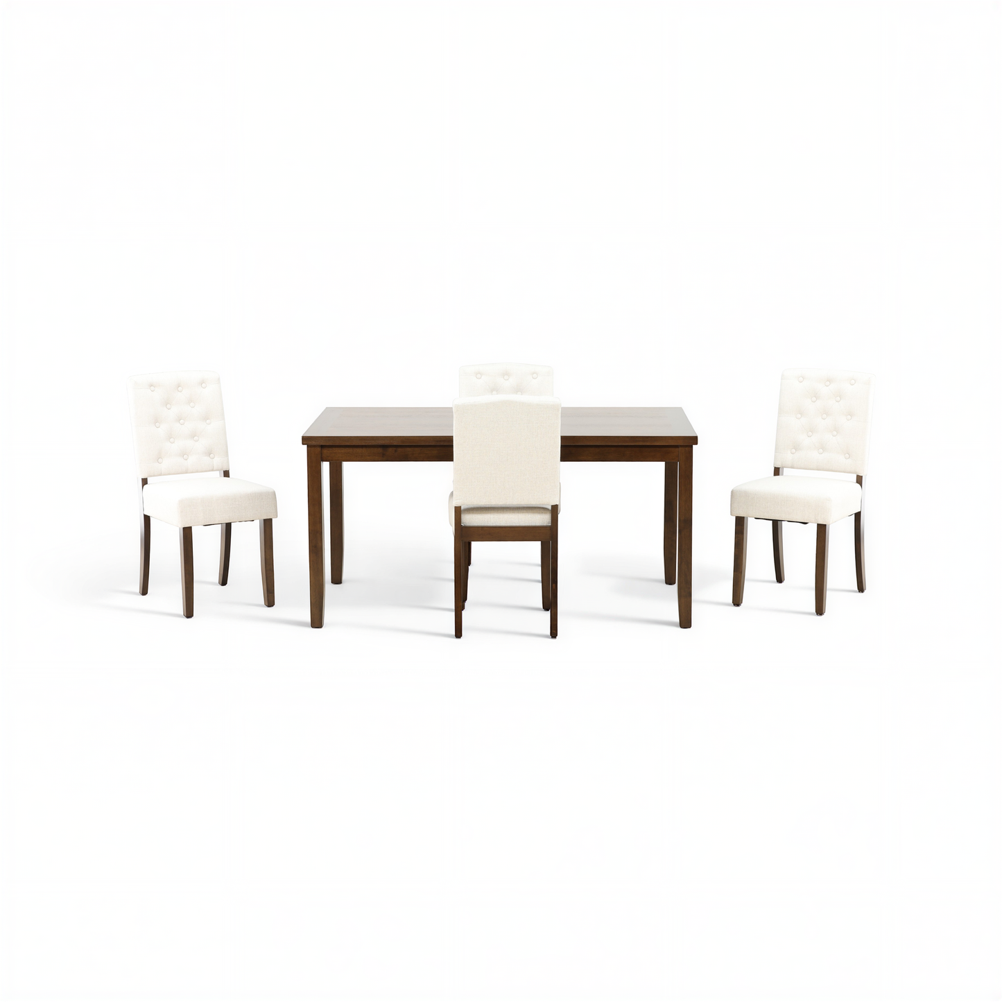 5-piece dining set: dark wood table with five white tufted upholstered chairs