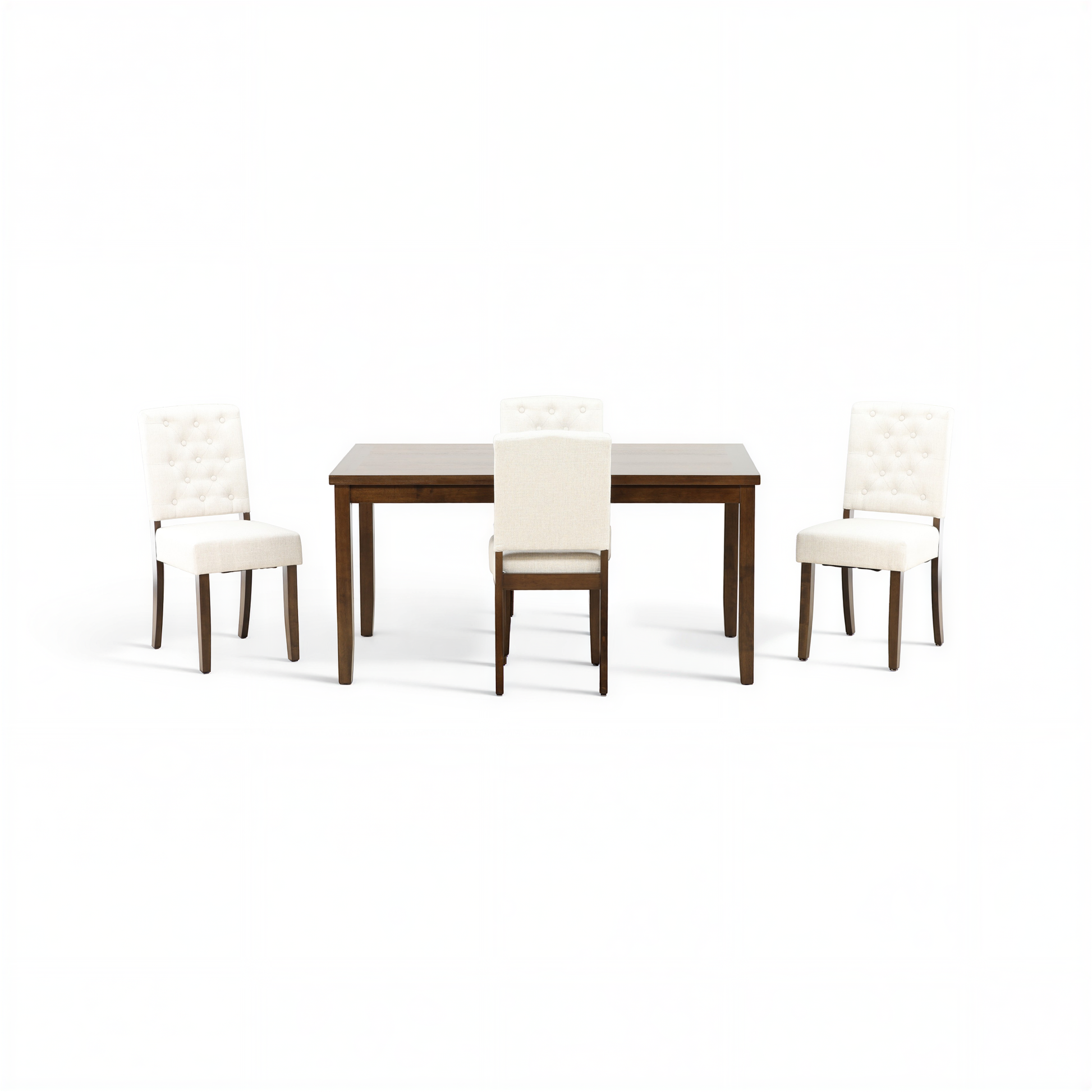 5-piece dining set: dark wood table with five white tufted upholstered chairs