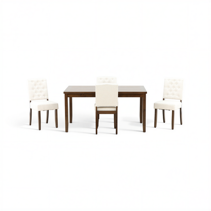 5-piece dining set: dark wood table with five white tufted upholstered chairs