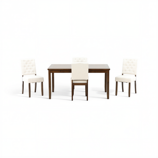 5-piece dining set: dark wood table with five white tufted upholstered chairs