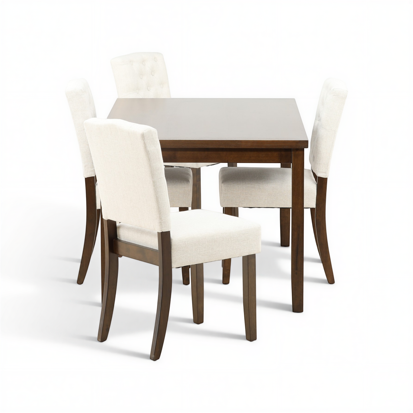 Dark wood dining table with four white tufted upholstered chairs and center chair