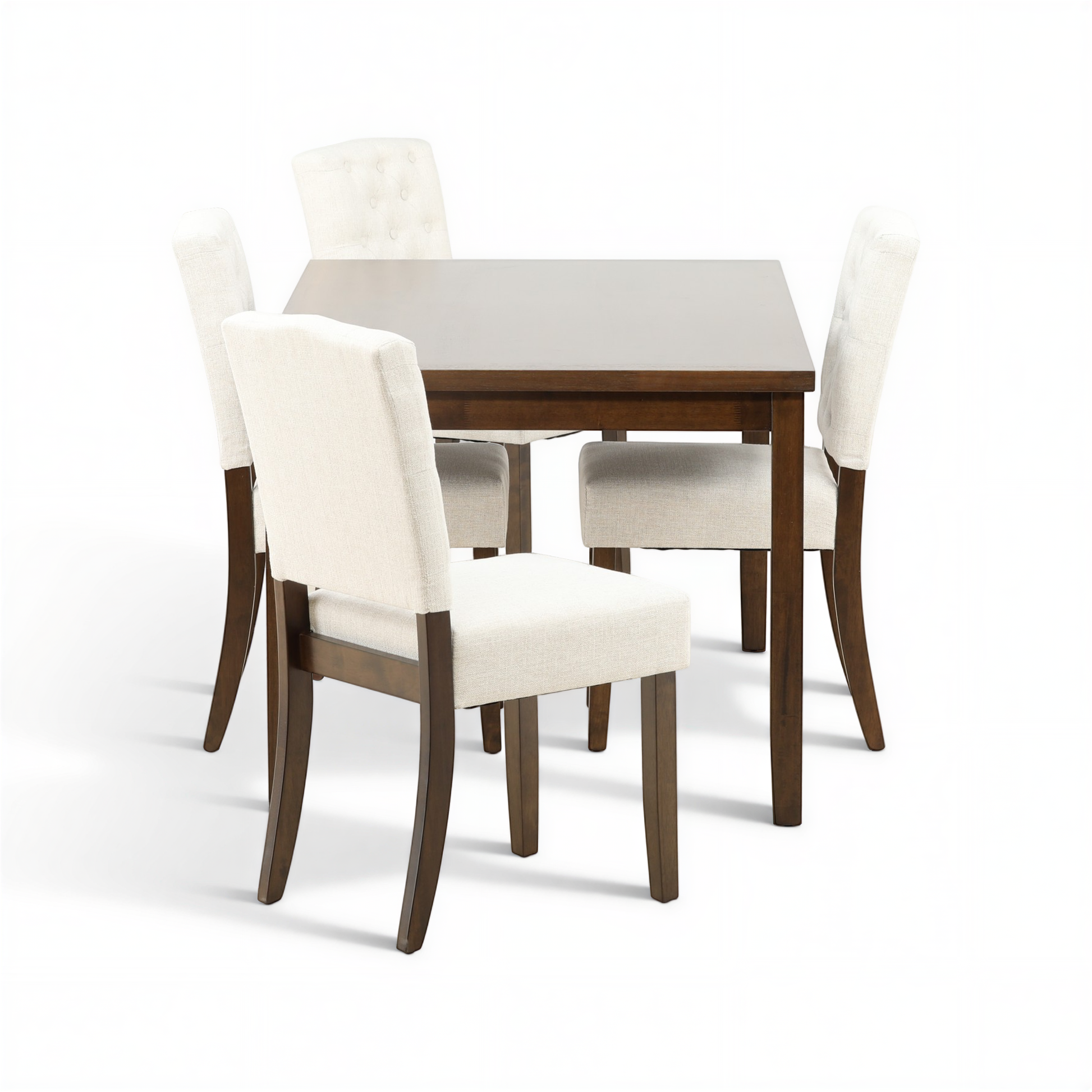 Dark wood dining table with four white tufted upholstered chairs and center chair