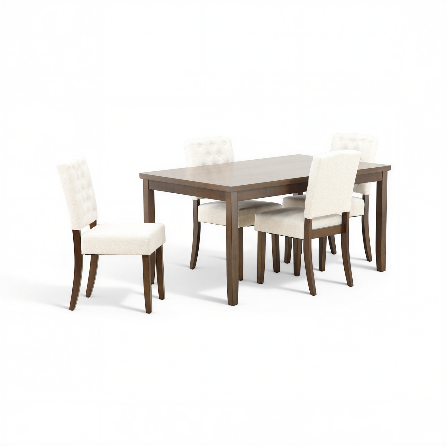 Wood dining table with five white tufted chairs, angled view of the seating