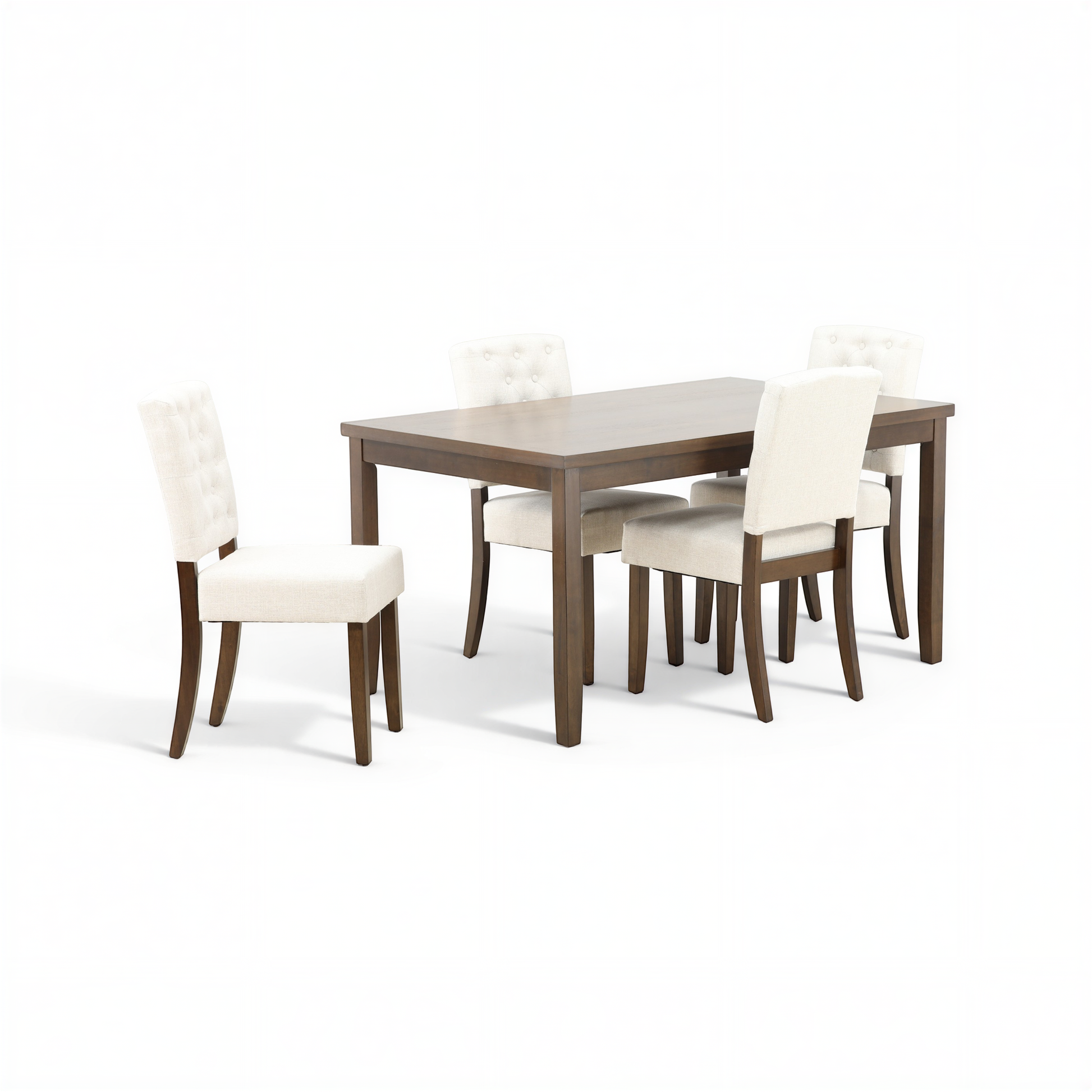 Wood dining table with five white tufted chairs, angled view of the seating