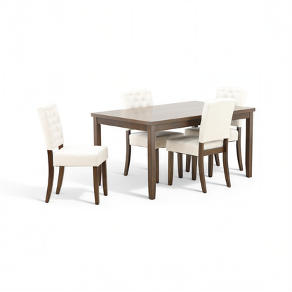 Wood dining table with five white tufted chairs, angled view of the seating