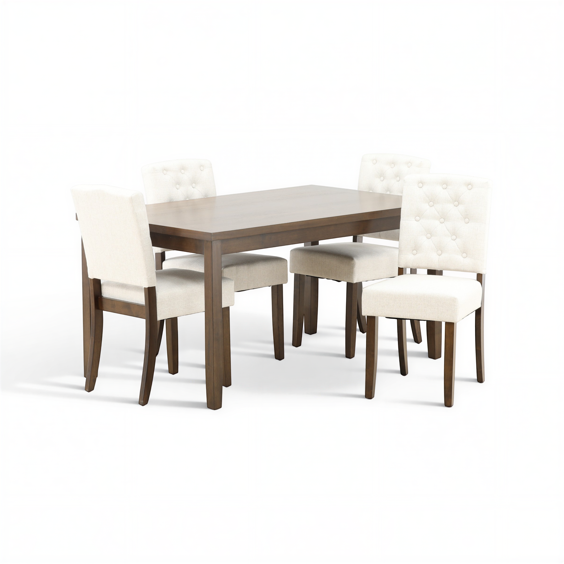 Rectangular dark wood dining table with five white tufted upholstered chairs
