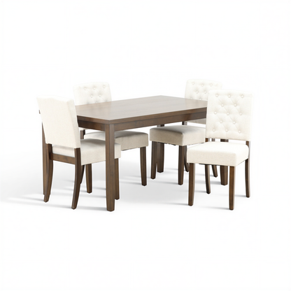 Rectangular dark wood dining table with five white tufted upholstered chairs