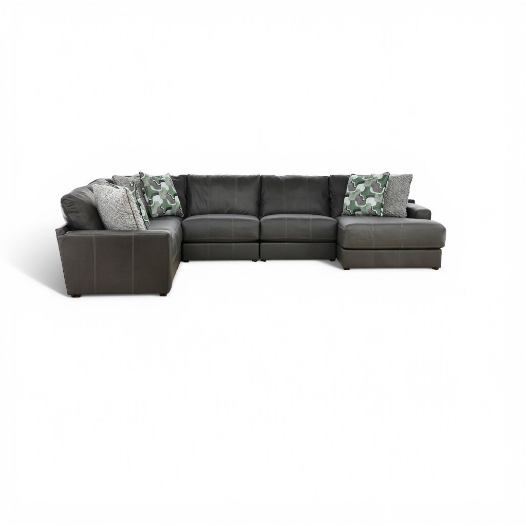 Dark gray sectional with left chaise and camo accent pillows, plus gray throw pillows