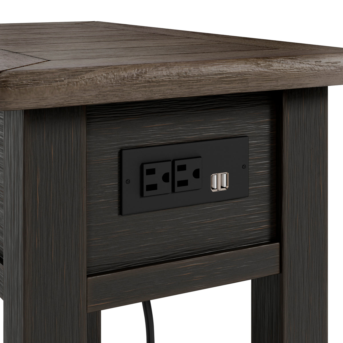 Dark wood end table power outlet panel with AC outlets and USB ports