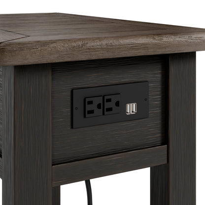 Dark wood end table power outlet panel with AC outlets and USB ports