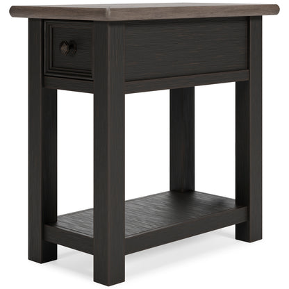 Dark wood end table with drawer front knob and lower open shelf, side angle