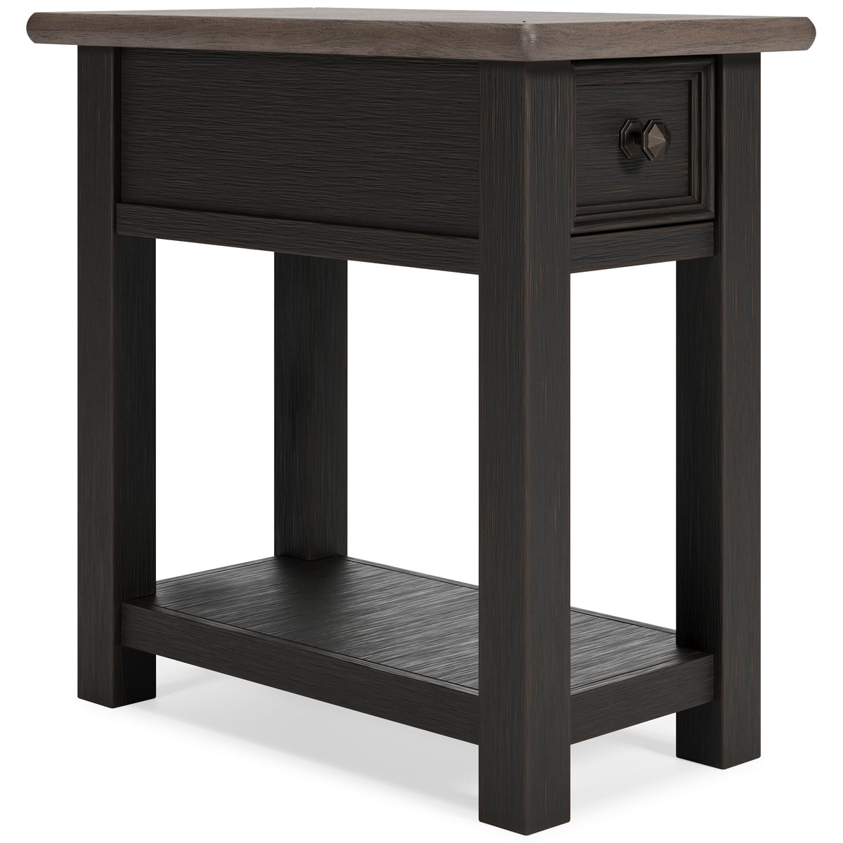 Dark wood chairside end table with drawer face and lower shelf, side view