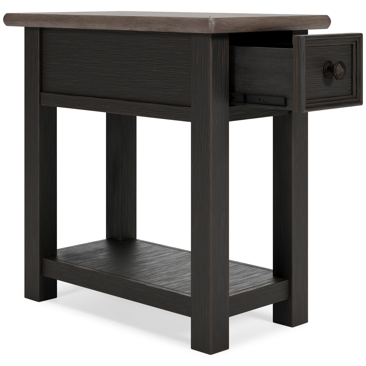 Dark wood chairside end table with side view of drawer and lower open shelf