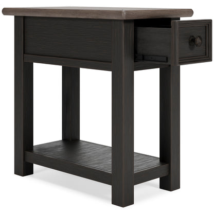 Dark wood chairside end table with side view of drawer and lower open shelf
