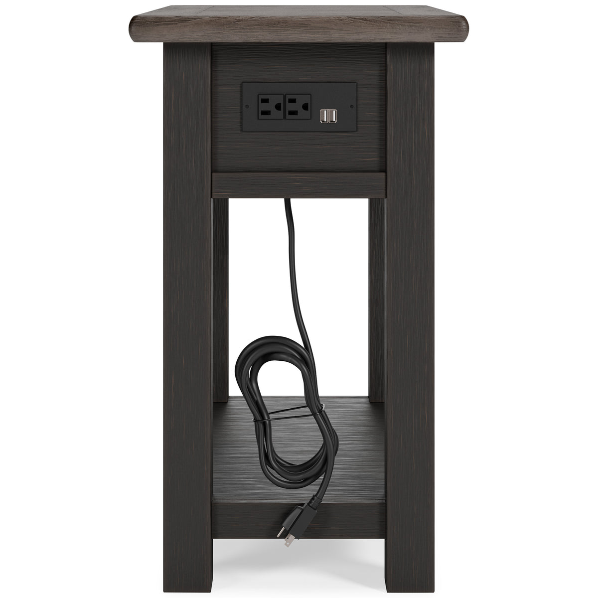 Dark wood end table with power outlet panel in drawer front and cord storage