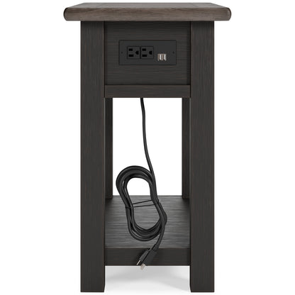Dark wood end table with power outlet panel in drawer front and cord storage