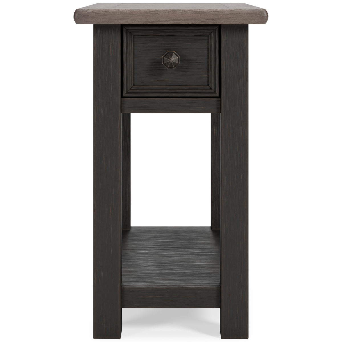 Dark wood end table with decorative drawer knob and lower open shelf
