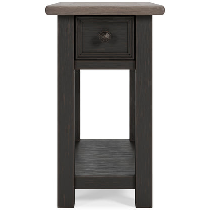 Dark wood end table with decorative drawer knob and lower open shelf