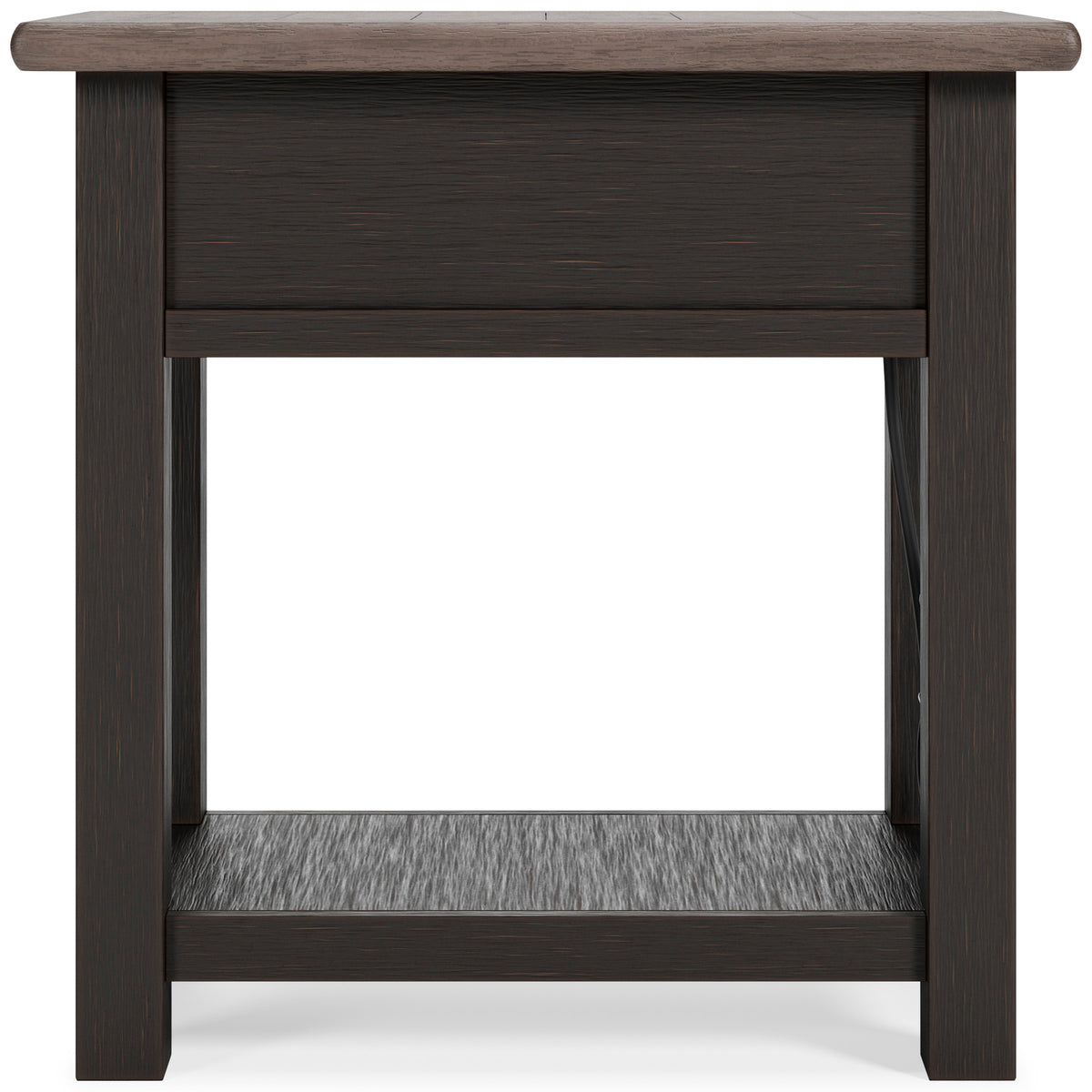 Dark wood chairside end table with closed drawer front and lower open shelf