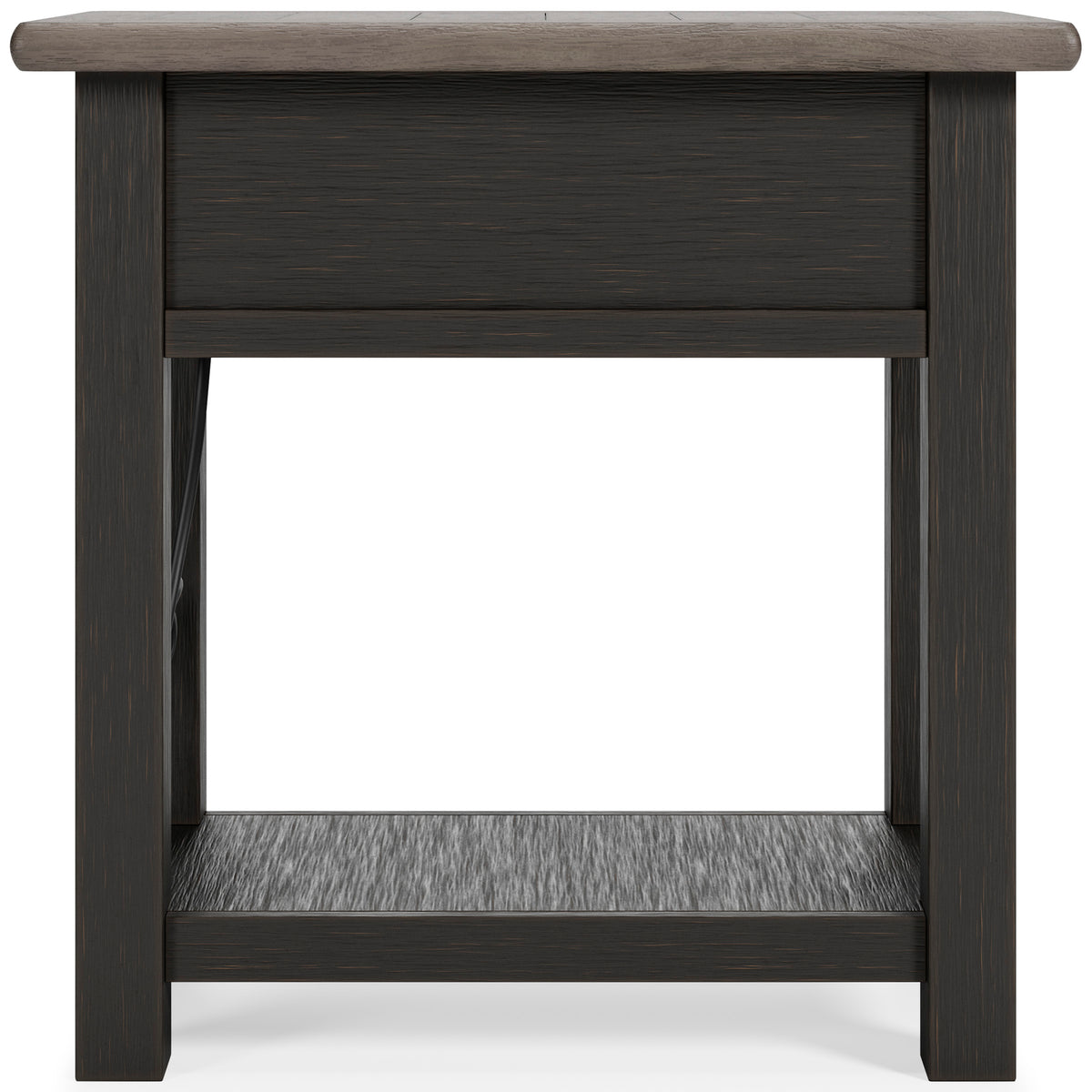 Dark wood chairside end table with closed drawer front and lower open shelf
