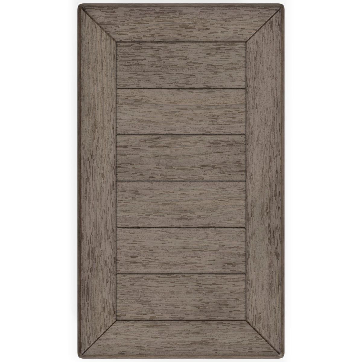 Dark wood end table back panel with stacked drawer-front details