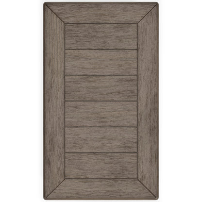 Dark wood end table back panel with stacked drawer-front details