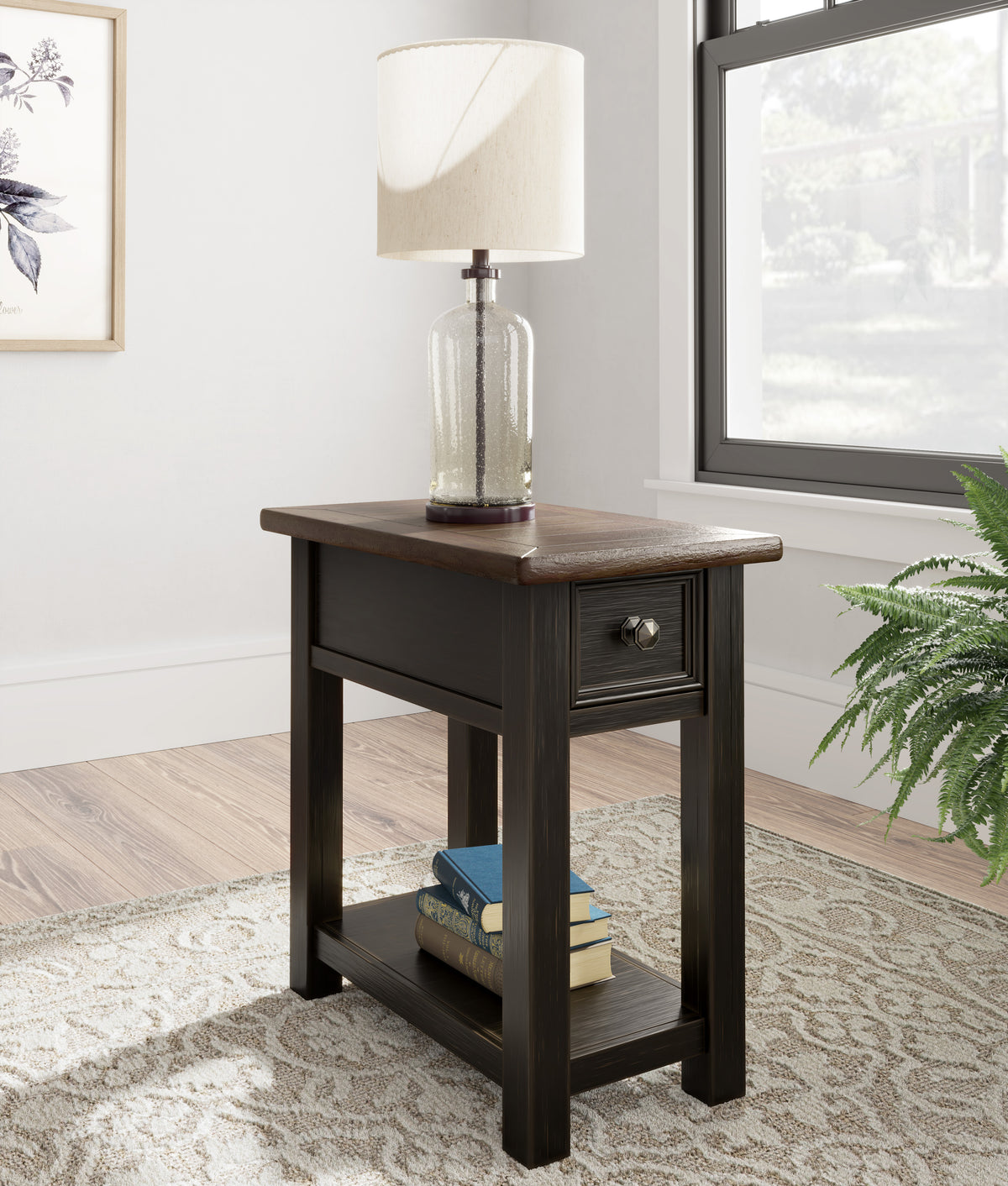 Dark wood chairside end table with one drawer and lower open shelf