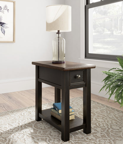 Dark wood chairside end table with one drawer and lower open shelf