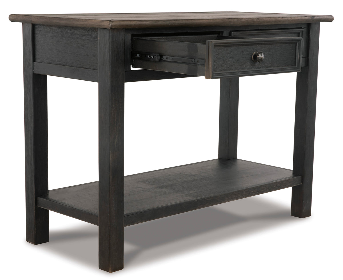 Sofa table with open drawer showing storage compartment and lower shelf