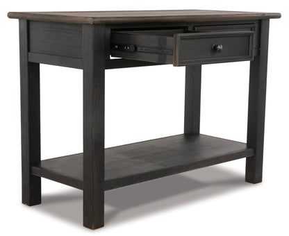 Sofa table with open drawer showing storage compartment and lower shelf