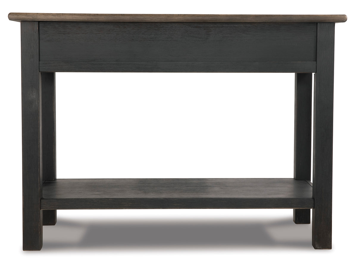 Dark wood sofa table with open lower shelf and solid side panels, clean front