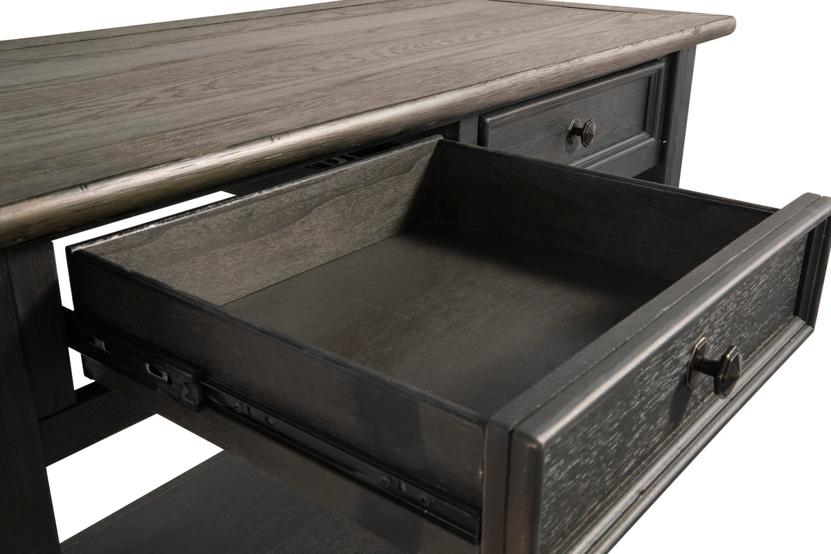 Sofa table drawer pulled open showing interior tray and dark wood drawer box