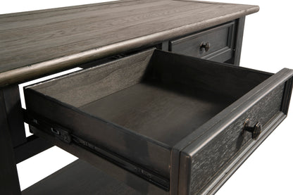 Sofa table drawer pulled open showing interior tray and dark wood drawer box