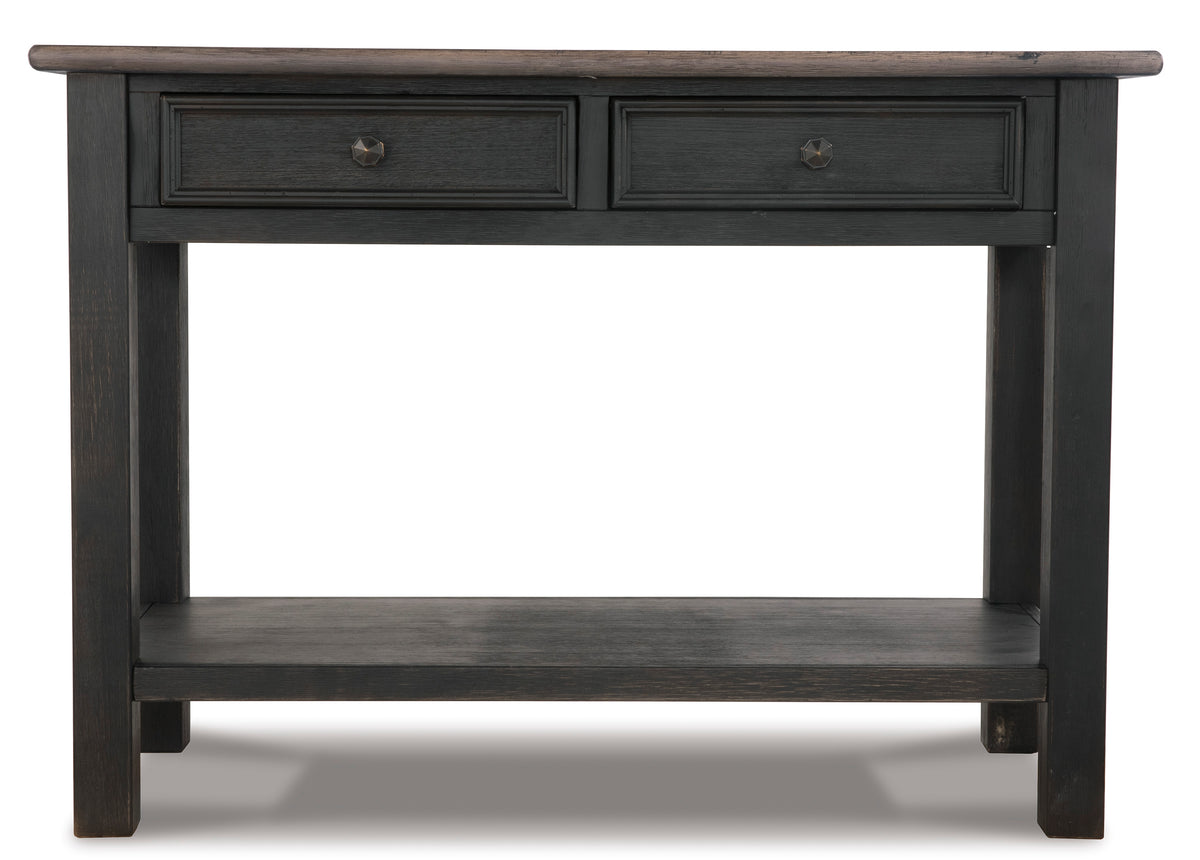 Dark wood sofa table front view with two drawers and metal pull knobs