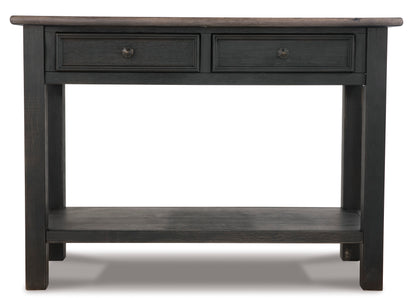 Dark wood sofa table front view with two drawers and metal pull knobs