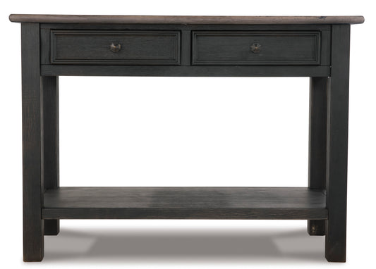 Dark wood sofa table front view with two drawers and metal pull knobs