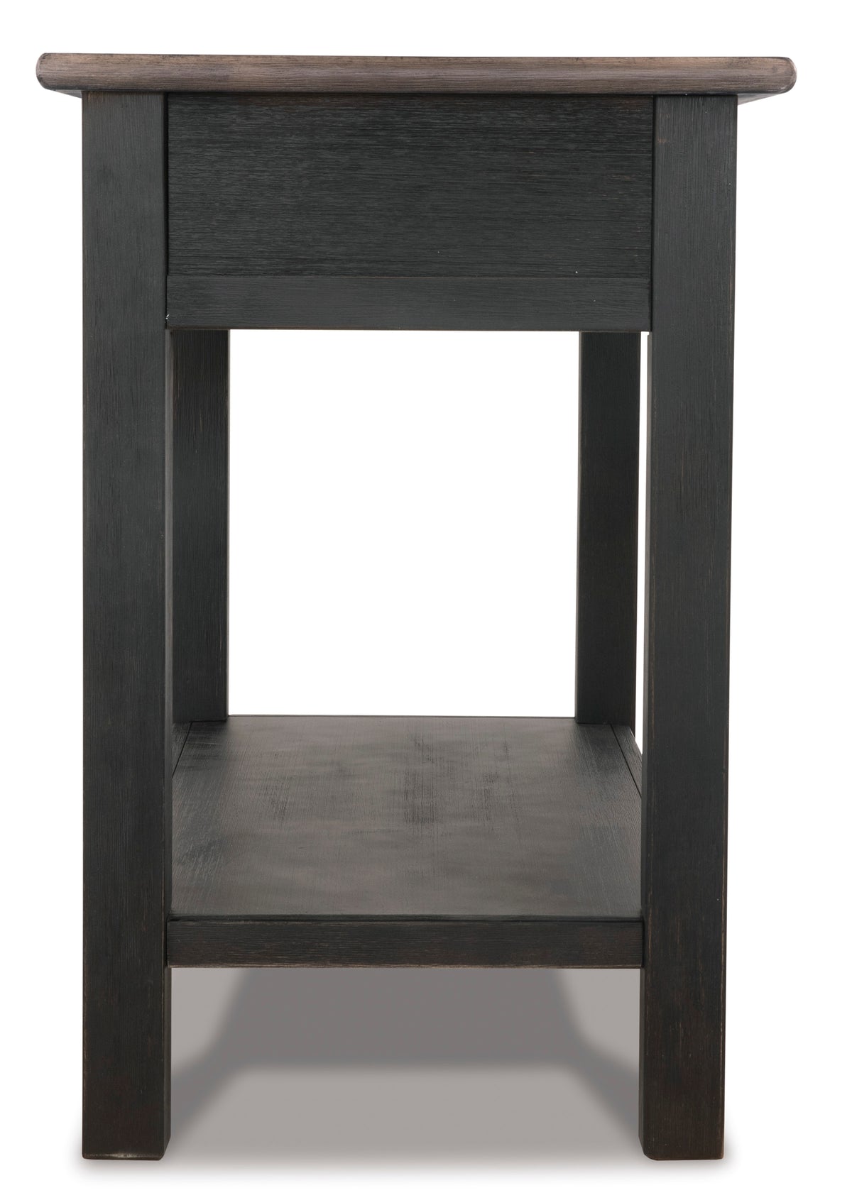 Dark wood sofa table end view with open lower shelf and single drawer panel