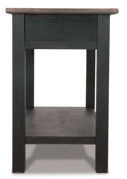 Dark wood sofa table end view with open lower shelf and single drawer panel