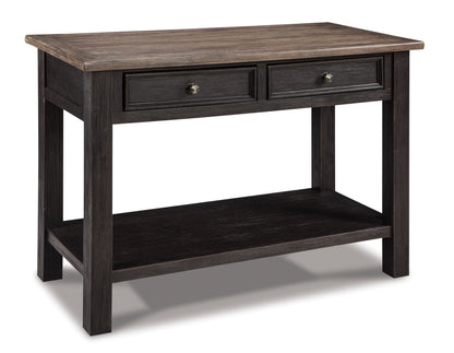 Dark wood sofa table with two center drawers and open lower shelf under the tabletop