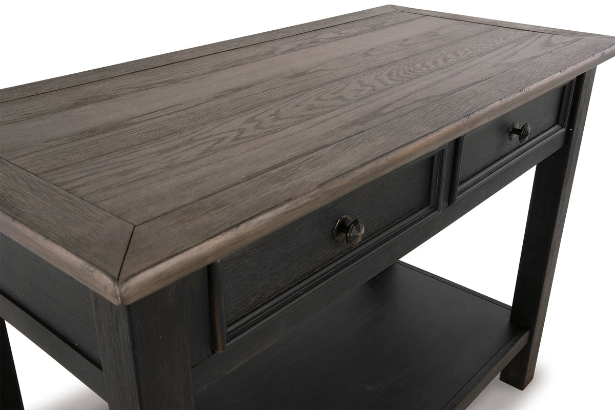 Dark wood sofa table with wood-grain top, front drawer fronts, and metal knob hardware