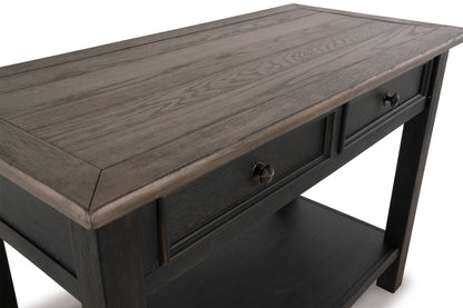 Dark wood sofa table with wood-grain top, front drawer fronts, and metal knob hardware